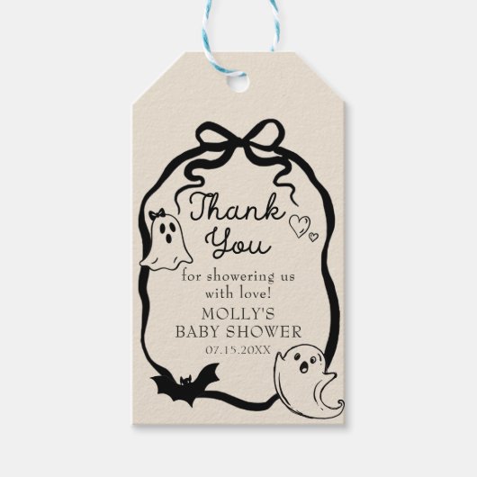 Black Bow Ghost Halloween Baby shower Gift Labels Cadeaulabel (Voorkant)