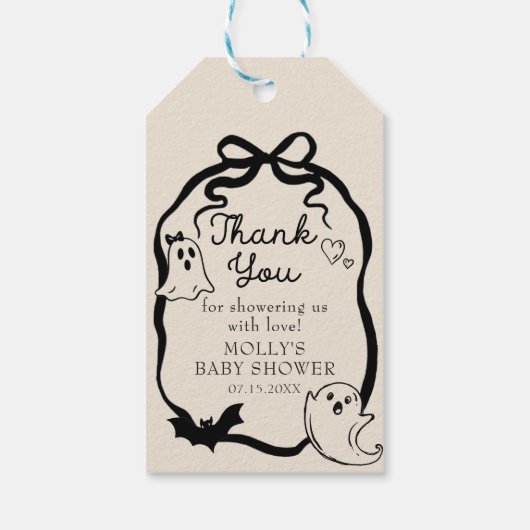 Black Bow Ghost Halloween Baby shower Gift Labels Cadeaulabel (Achterkant)