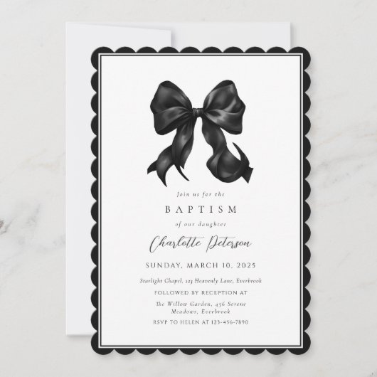 Black Bow Girl Baptism Invitation Kaart (Voorkant)