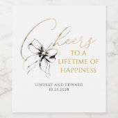 Black Bow Gold Script Elegant Cheers Wedding Wijn Etiket (Enkel label)