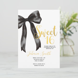 Black Bow Gold Sweet Sixteen Girl Birthday Party Kaart