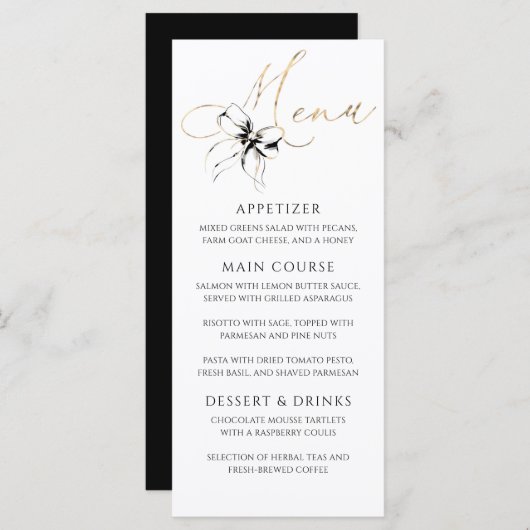 Black Bow Gold Typography Elegant Party Menu (Voorkant / Achterkant)