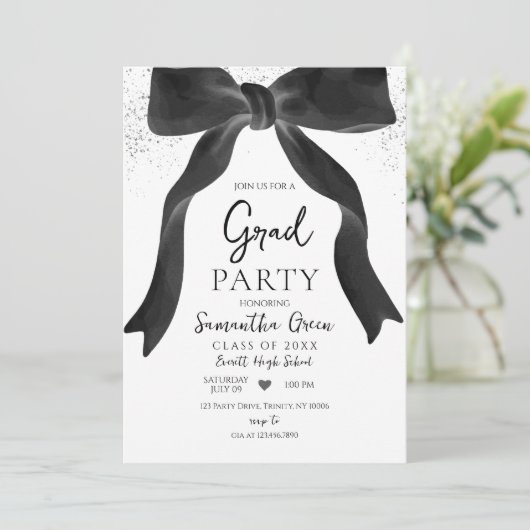 Black Bow Graduation Party Kaart (Staand voorkant)