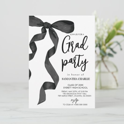 Black Bow Graduation Party Kaart (Staand voorkant)