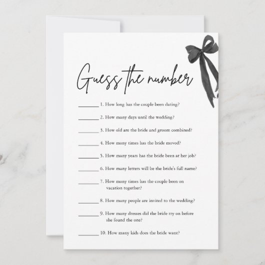Black Bow Guess Het Nummer Vrijgezellenfeest Spel Kaart (Voorkant)