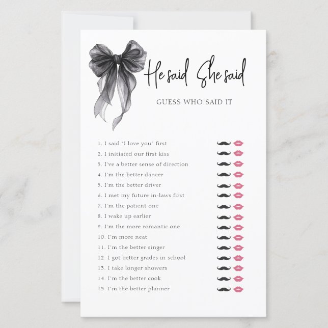 Black Bow He Said She Said Bridal Shower Game (Voorkant)