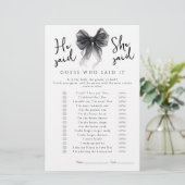 Black Bow He said She said Bridal Shower Game (Staand voorkant)