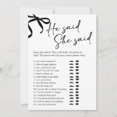 Black Bow He Said She Said Bridal Shower Game Kaart (Voorkant)