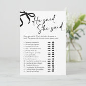 Black Bow He Said She Said Bridal Shower Game Kaart (Staand voorkant)