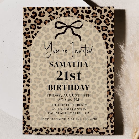 Black Bow Leopard Cheetah Birthday Invitation Kaart