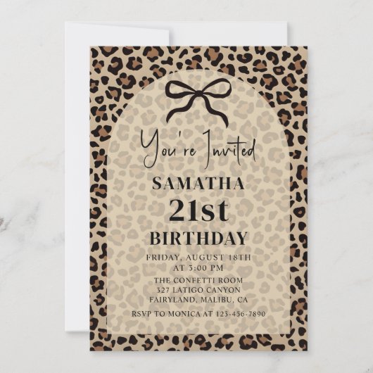 Black Bow Leopard Cheetah Birthday Invitation Kaart (Voorkant)