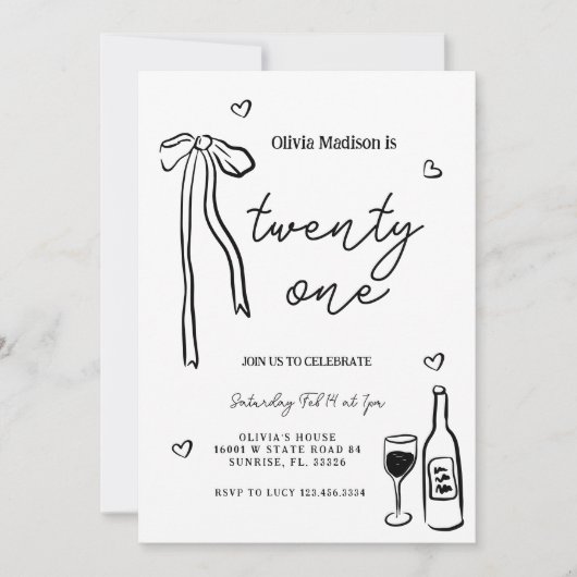 Black Bow Minimalist 21ste Verjaardagsfeest Kaart (Voorkant)