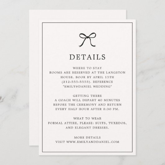 Black Bow Minimalist Elegant Details Kaart (Voorkant / Achterkant)