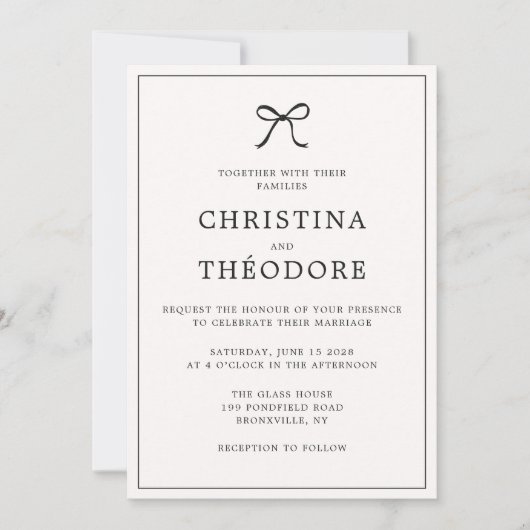 Black Bow Minimalist Elegant Huwelijksuitnodiging Kaart (Voorkant)