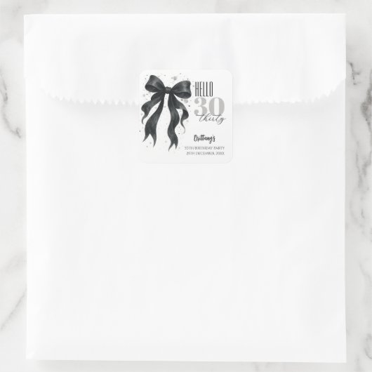 Black Bow Modern 30th Birthday Vierkante Sticker (Tas)