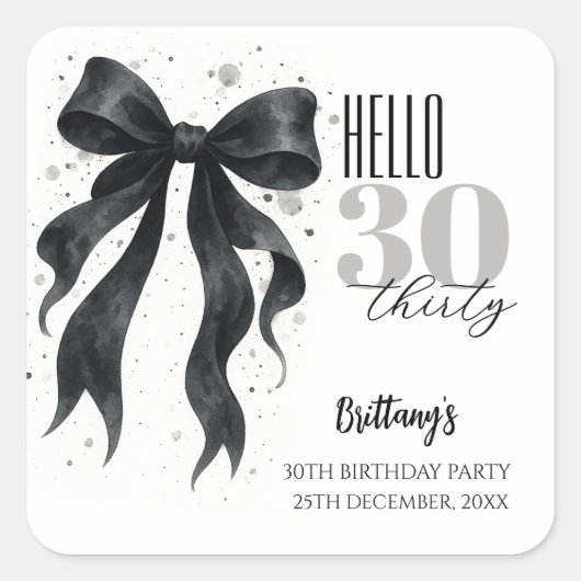 Black Bow Modern 30th Birthday  Vierkante Sticker (Voorkant)