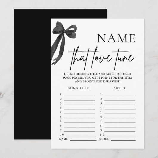 Black Bow Name That Love Tune Bruidsfeest Spel Kaart (Voorkant / Achterkant)