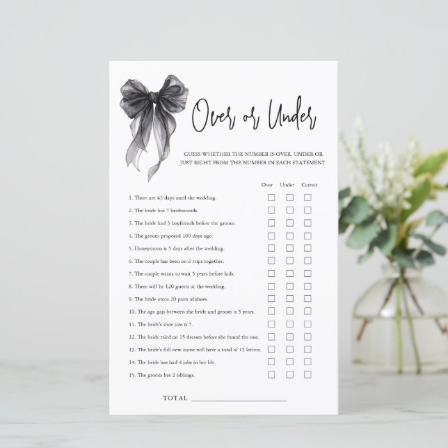 Black Bow Over Or Under Bridal Shower Game (Staand voorkant)