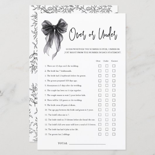 Black Bow Over Or Under Bridal Shower Game (Voorkant / Achterkant)