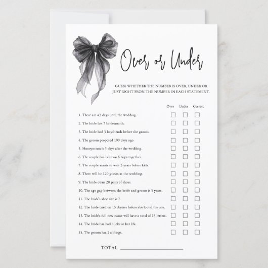 Black Bow Over Or Under Bridal Shower Game (Voorkant)