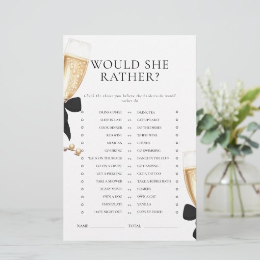 Black Bow Parels & Prosecco Bruidsfeest Spel Briefpapier (Staand voorkant)