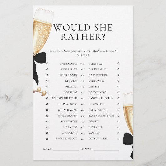 Black Bow Parels & Prosecco Bruidsfeest Spel Briefpapier (Voorkant)