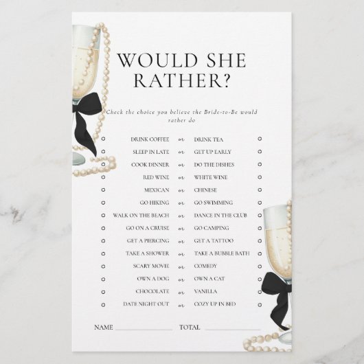Black Bow Pearls & Prosecco Bridal Shower Game Briefpapier (Voorkant)