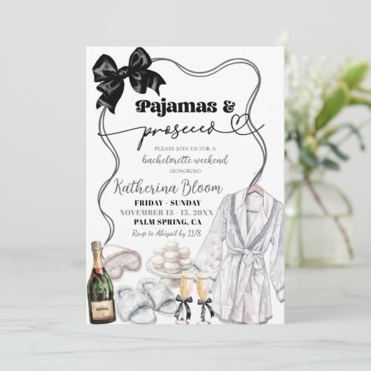Black Bow Pyjamas Prosecco Bachelorette Weekend Kaart (Staand voorkant)