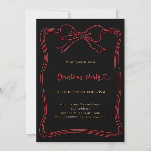 Black bow red hand-drawn Christmas Party Kaart (Voorkant)