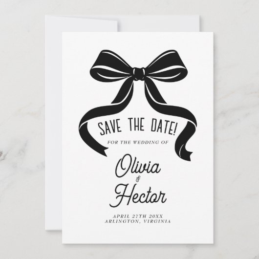 Black Bow Save the Date Modern Wedding Kaart (Voorkant)