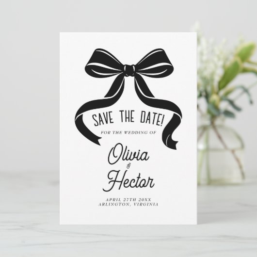 Black Bow Save the Date Modern Wedding Kaart (Staand voorkant)