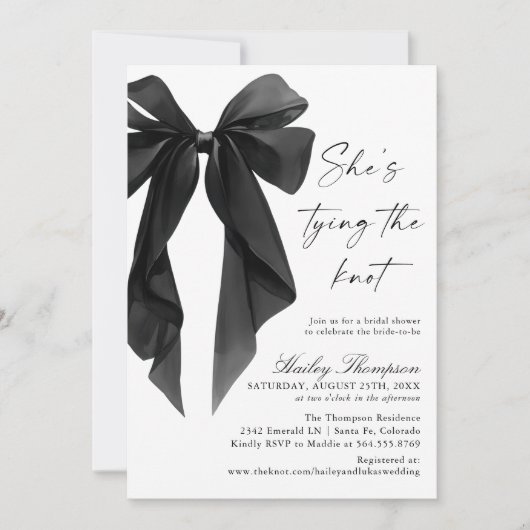 Black Bow She's Tying The Knot Bridal Shower Kaart (Voorkant)
