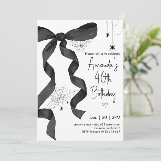 Black Bow Spider Web Coquette Halloween Verjaardag Kaart (Staand voorkant)