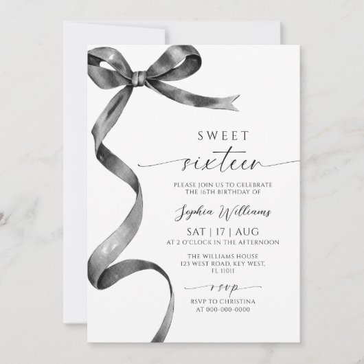 Black Bow Sweet 16 verjaardagsuitnodiging Kaart (Voorkant)