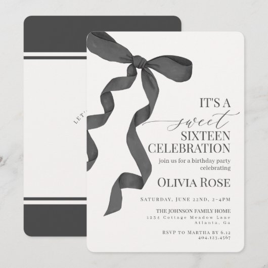 Black Bow Sweet Zestien Verjaardagsfeestuitnodigin (Voorkant / Achterkant)