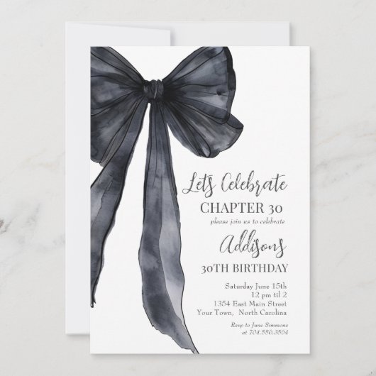 Black Bow Thirtieth 30th Birthday Party Invitation Kaart (Voorkant)