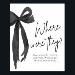 Black Bow Vrijgezellenfeest Waar waren ze Game Sig Poster<br><div class="desc">🖤🎀 Voeg een persoonlijke en gedenkwaardige touch toe aan je vrijgezellenfeest met deze Black Bow "Waar waren ze?" Spelbord! Met een strakke zwarte strik en een minimalistisch ontwerp nodigt dit elegante bord gasten uit om de locaties van foto's van de reis van het paar samen te raden. Een leuke manier...</div>