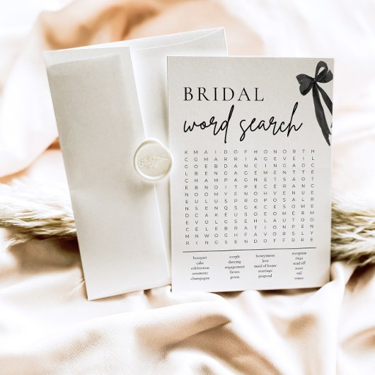 Black Bow Vrijgezellenfeest Word Search spel Kaart