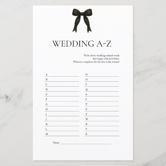 Black Bow Wedding A-Z spel | Modern Vrijgezellenfe (Voorkant)