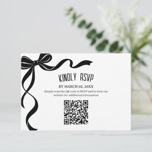 Black Bow Wedding QR code Response Insert RSVP Kaartje (Staand voorkant)