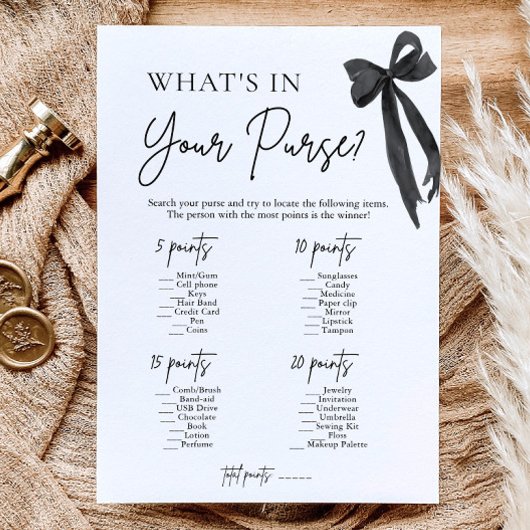 Black Bow What's In Your Purse Bruiloftsspel Kaart