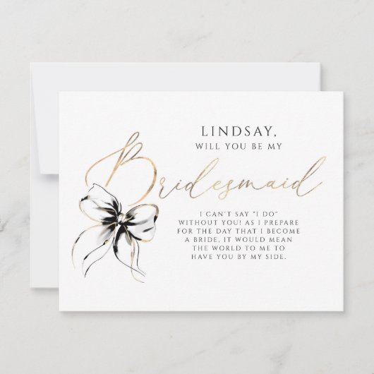 Black Bow Whimsical Modern Bridesmaid Proposal Kaart (Voorkant)