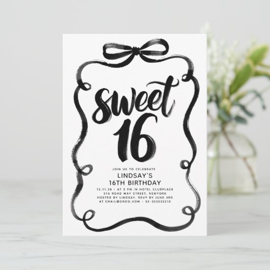 Black Bow Whimsical Sweet 16th Birthday Kaart (Staand voorkant)
