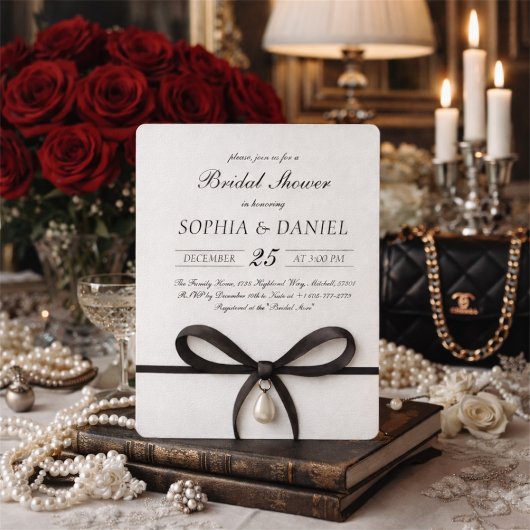 Black Bow With Pearl Old Money Style Bridal Shower Kaart