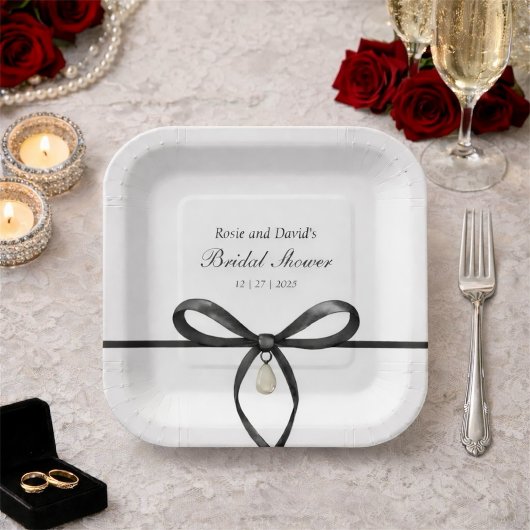 Black Bow With Pearl Old Money Style Bridal Shower Papieren Bordje