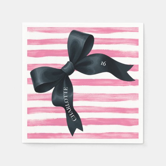 Black Bow with Pink White Stripe Birthday Cocktail Servet (Voorkant)