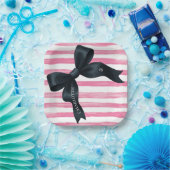 Black Bow with Pink White Stripe Birthday Papieren Bordje (Feest)