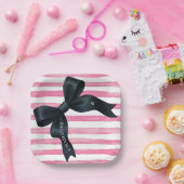 Black Bow with Pink White Stripe Birthday Papieren Bordje (Feest)