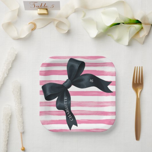 Black Bow with Pink White Stripe Birthday Papieren Bordje (Huwelijk)