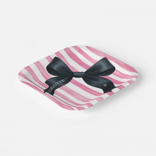 Black Bow with Pink White Stripe Birthday Papieren Bordje (Gebogen)